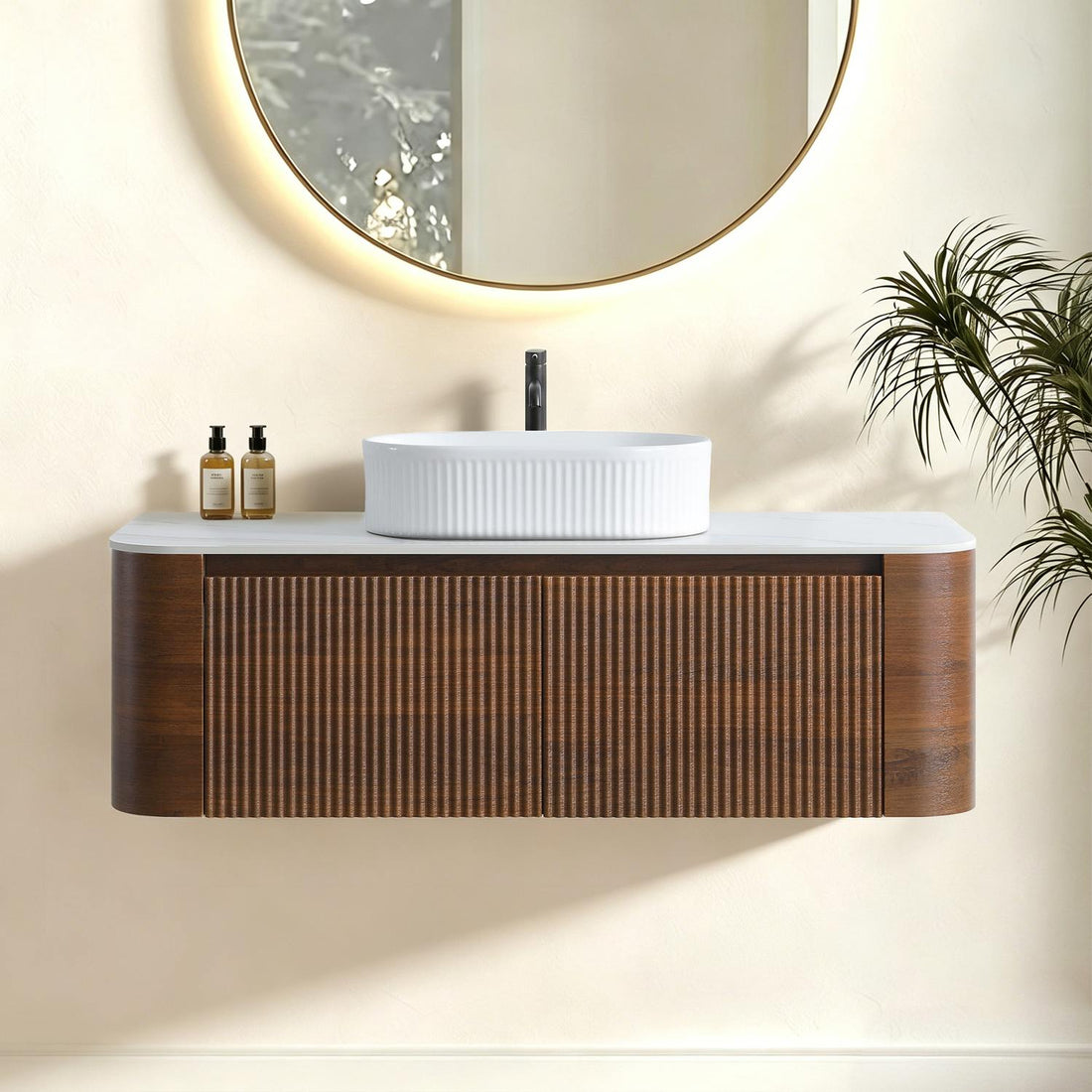 Modern 48 inch Walnut Floating Bathroom Vanity Scene Setup