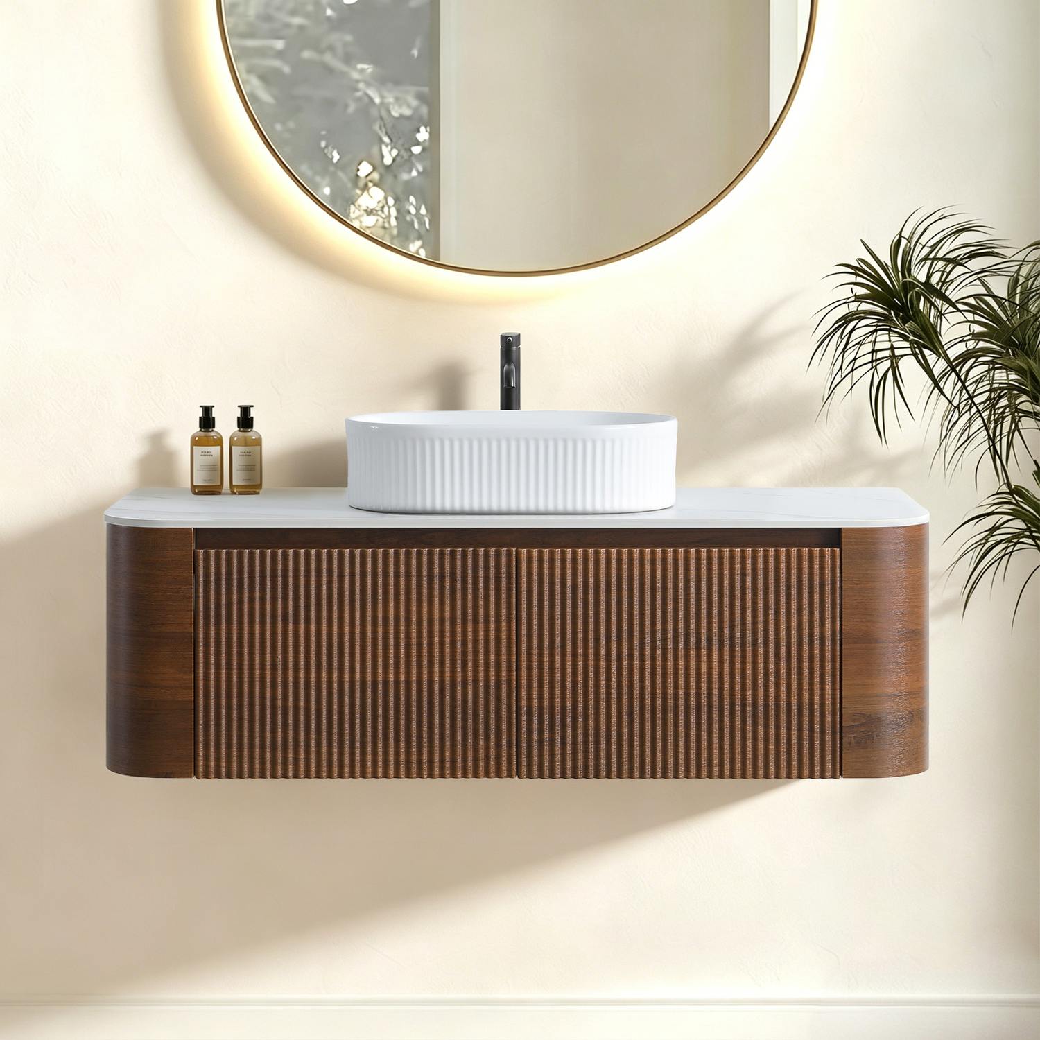 Modern 48 inch Walnut Floating Bathroom Vanity Scene Setup