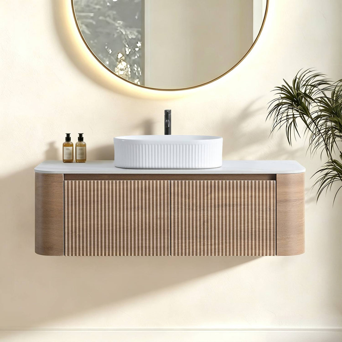 Modern 48 inch White Oak Floating Bathroom Vanity Scene Setup