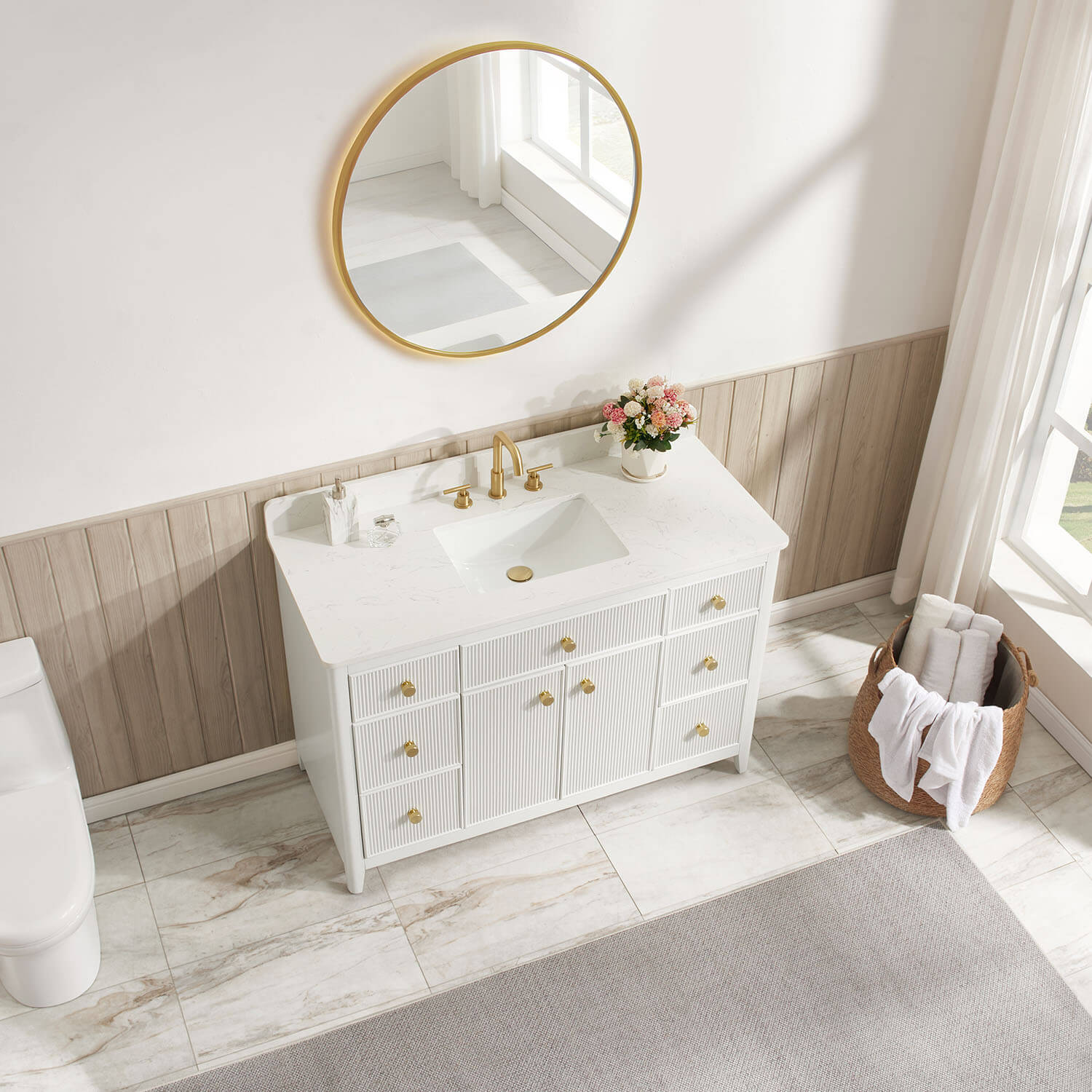 Modern 48 inch bathroom vanity in a contemporary bathroom setting