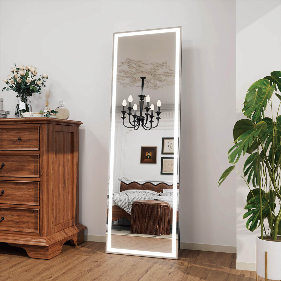 Modern LED full body mirror with dimmable edge lighting and decorative frame