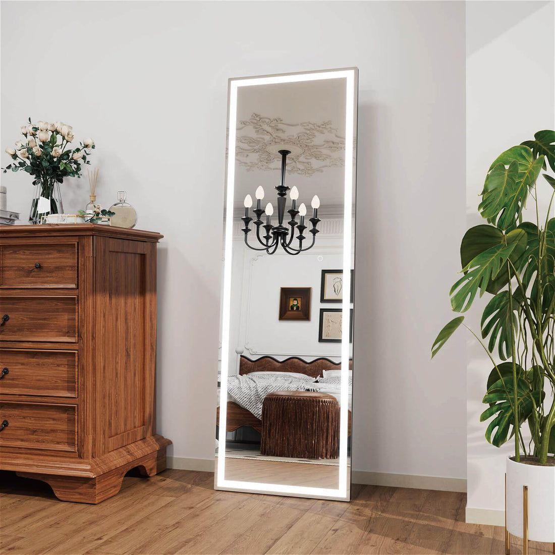 Modern LED full body mirror with dimmable edge lighting and sleek appearance