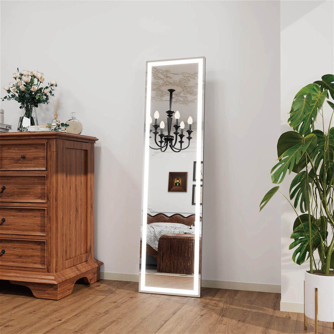 Modern LED full body mirror with dimmable edge lighting and sleek frame