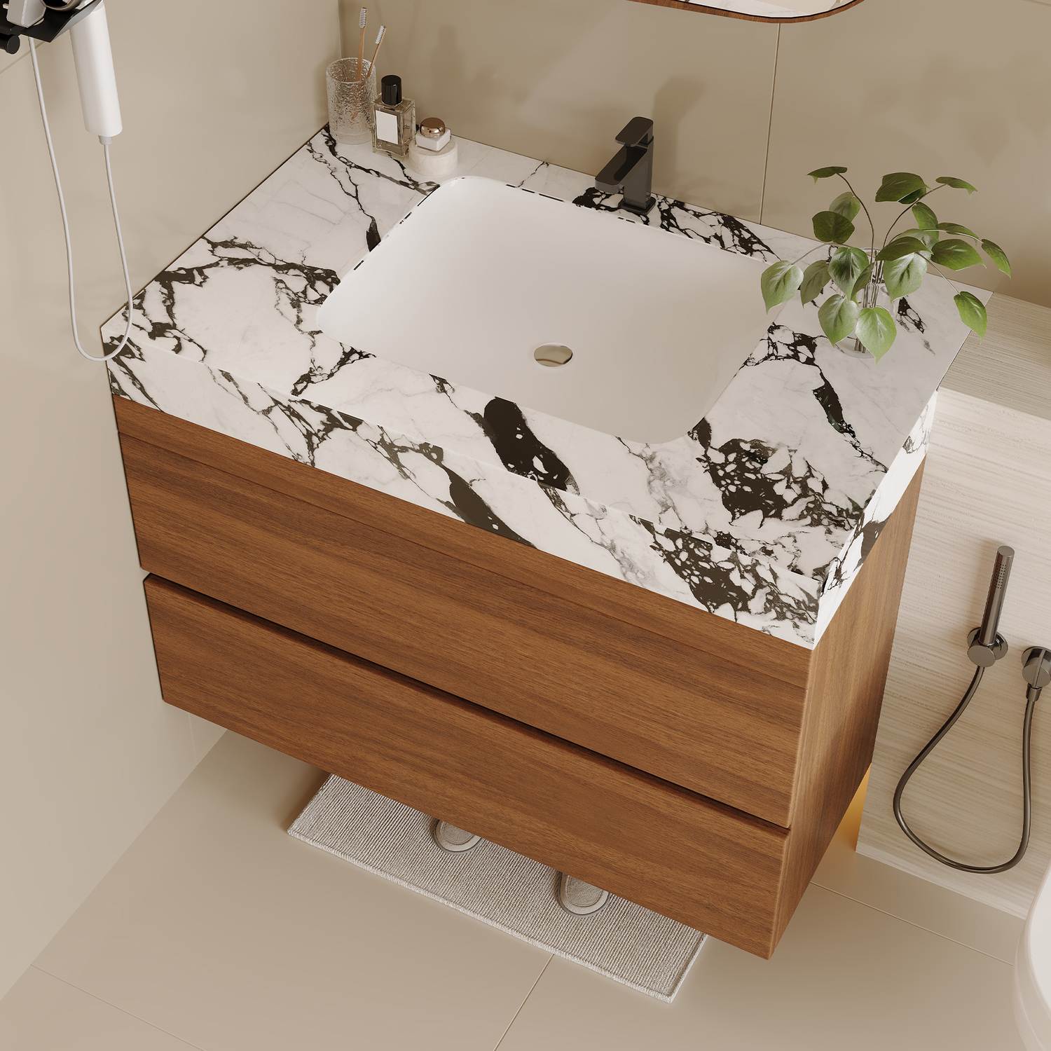 Modern Walnut Bathroom Vanity Faux Marble Countertop High Angle Scene View