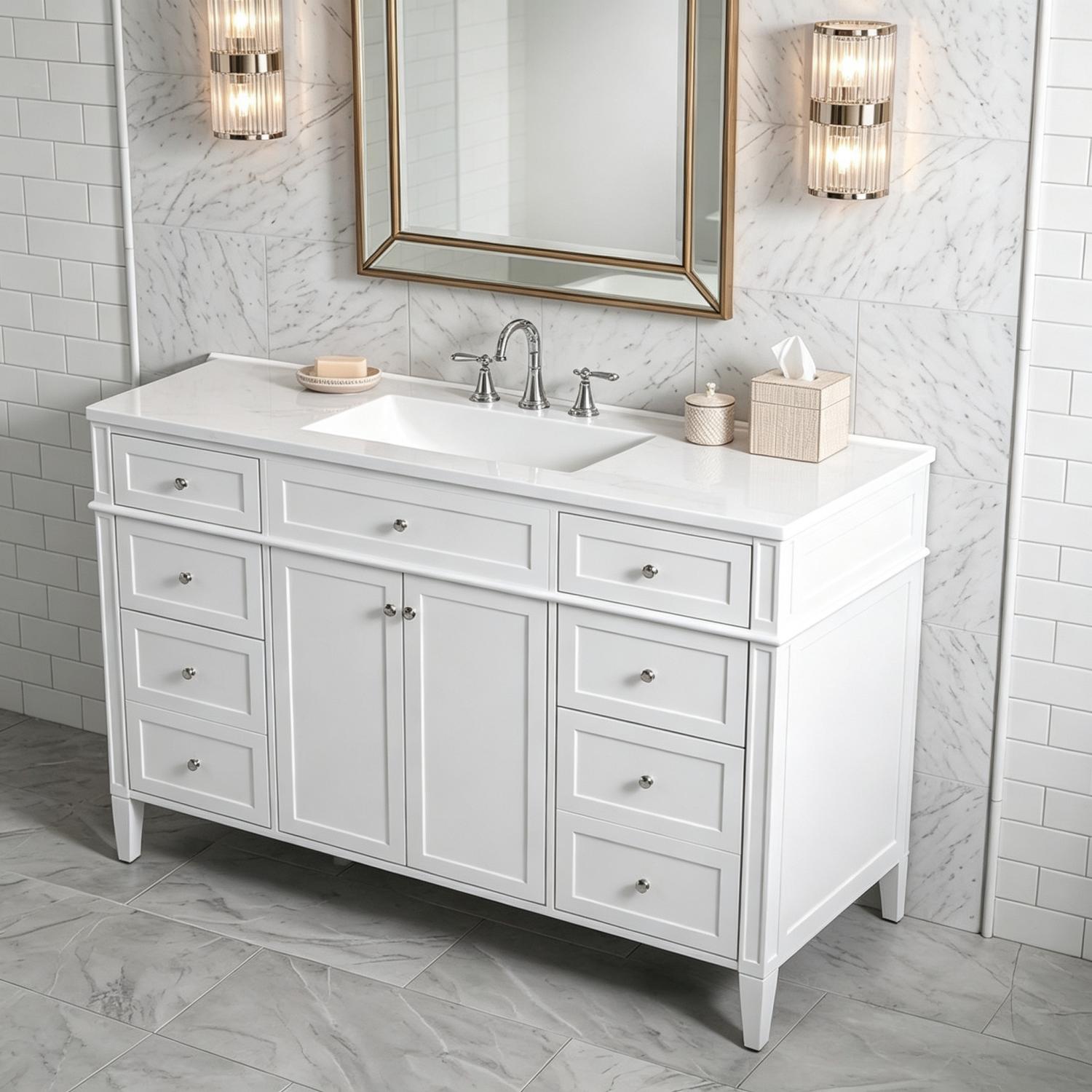 Modern White 48 inch Freestanding Bathroom Vanity Side Angle Scene Setup