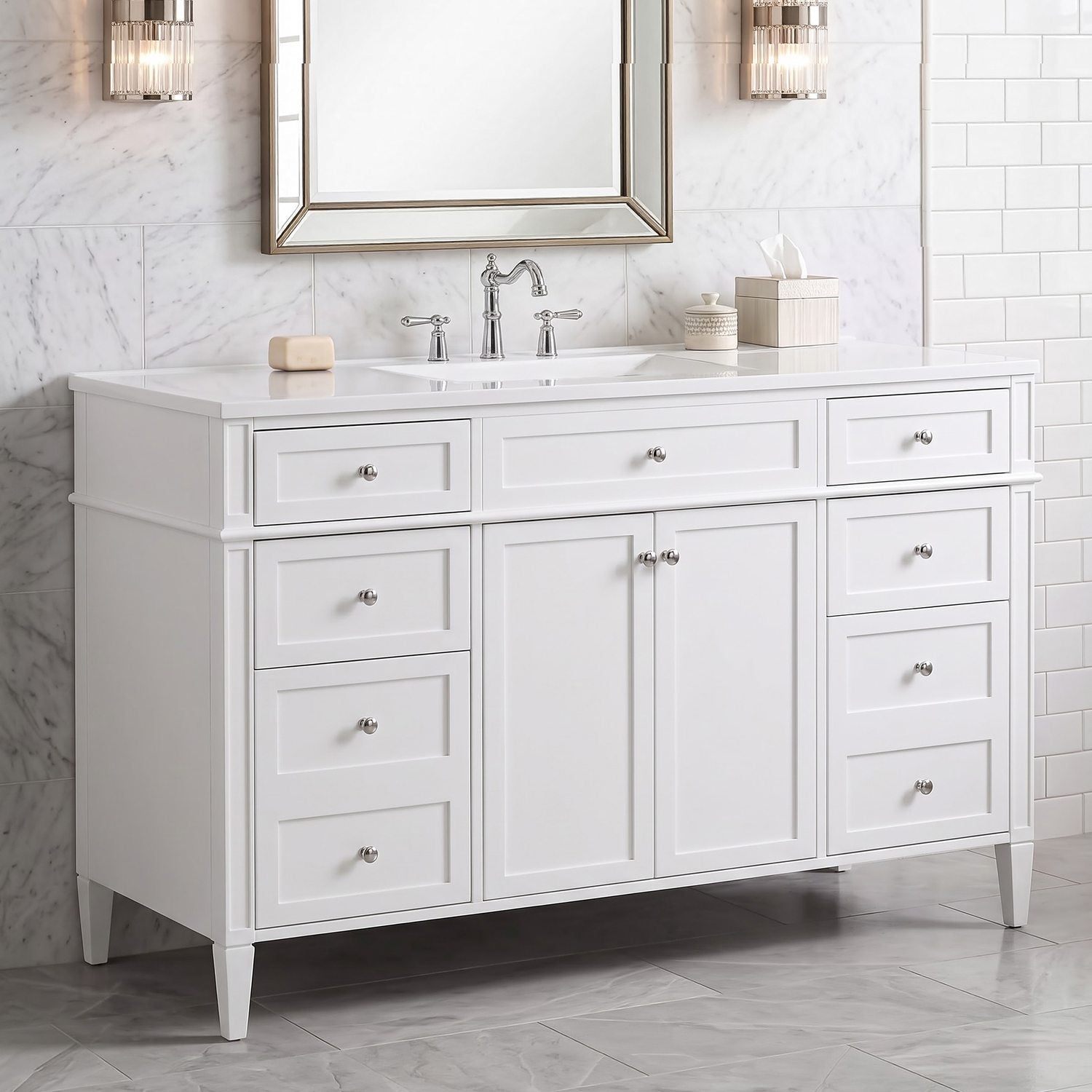 Modern White 48 inch Freestanding Bathroom Vanity Side Angle Scene Setup