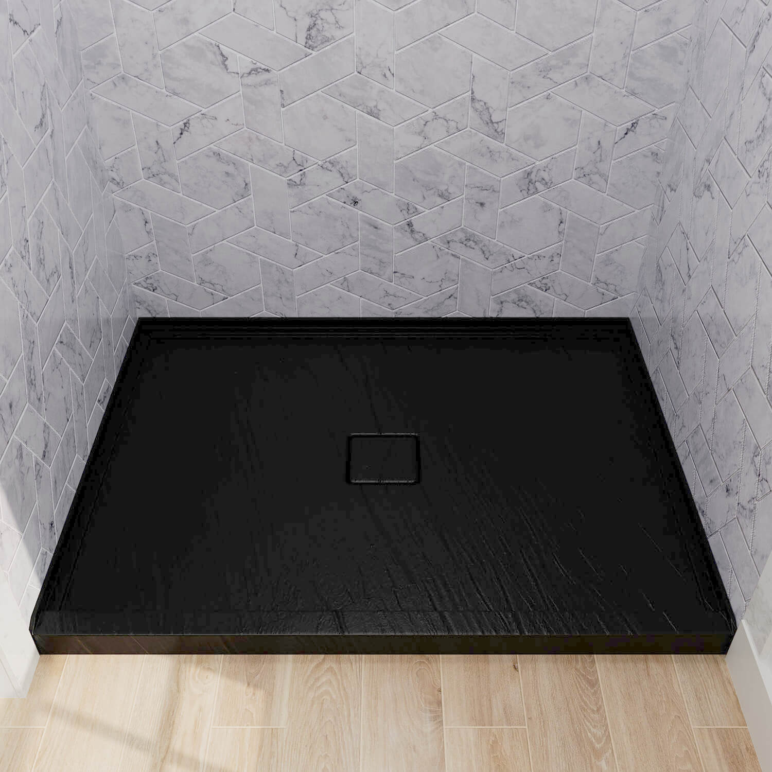 Modern bath space setup with 48x36 black center drain acrylic tray