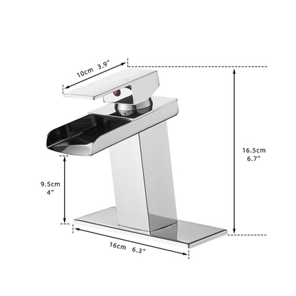 Grifo de lavabo de baño tipo cascada con placa de cubierta de estilo contemporáneo, apto para 1 o 3 orificios y disponible en 2 colores.