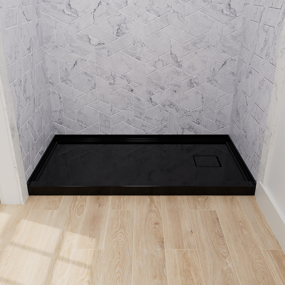 Modern black shower base with right-side drain layout for bathroom renovation projects