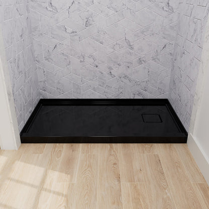 Modern black shower base with right-side drain layout for bathroom renovation projects