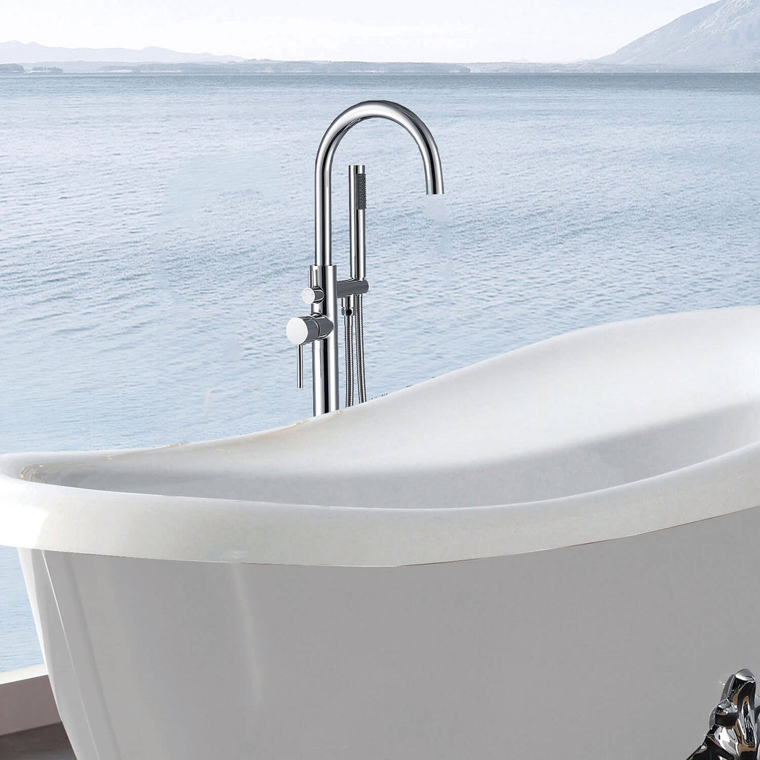 Modern chrome freestanding bathtub faucet with solid brass body