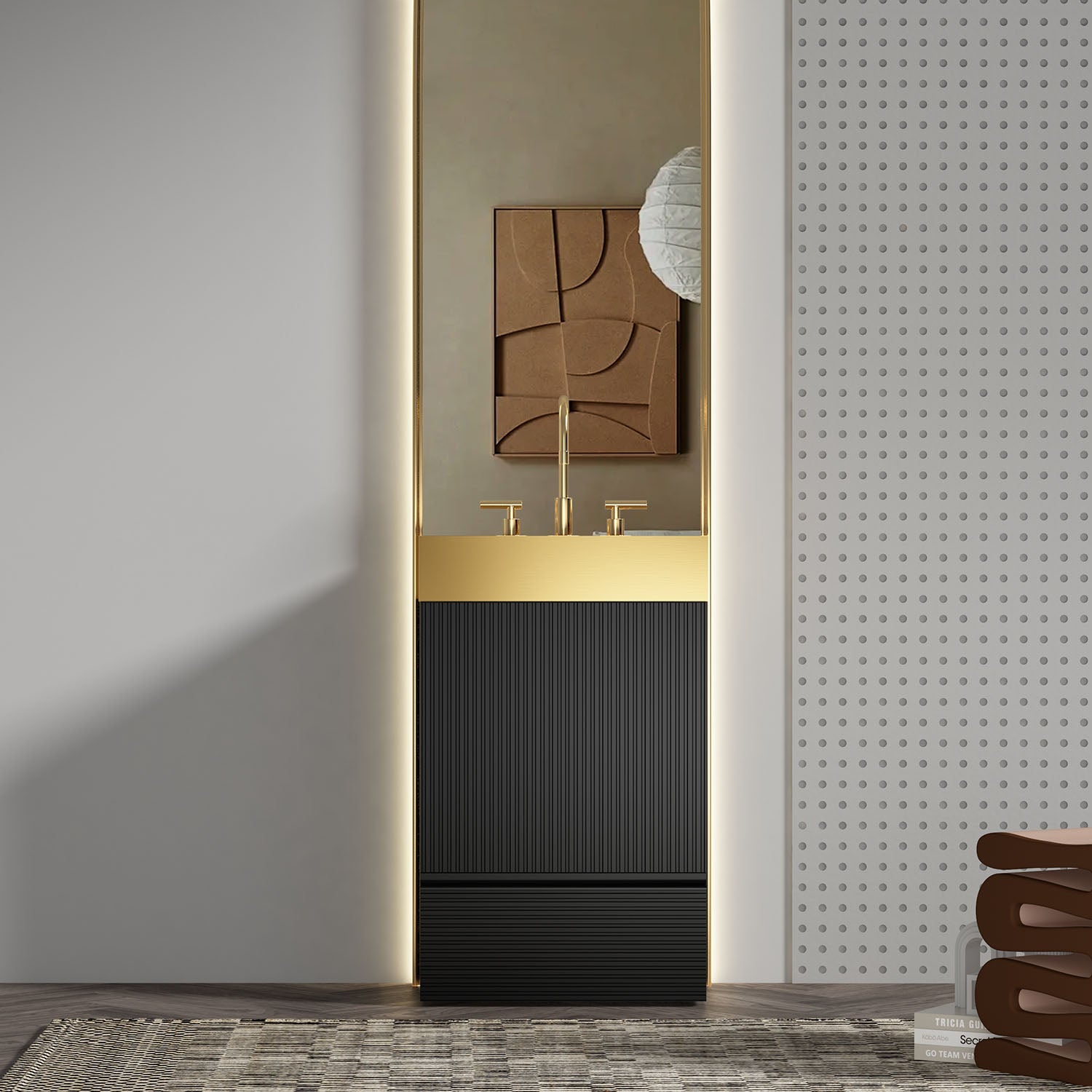 Modern compact bathroom vanity with fluted panels and gold sink