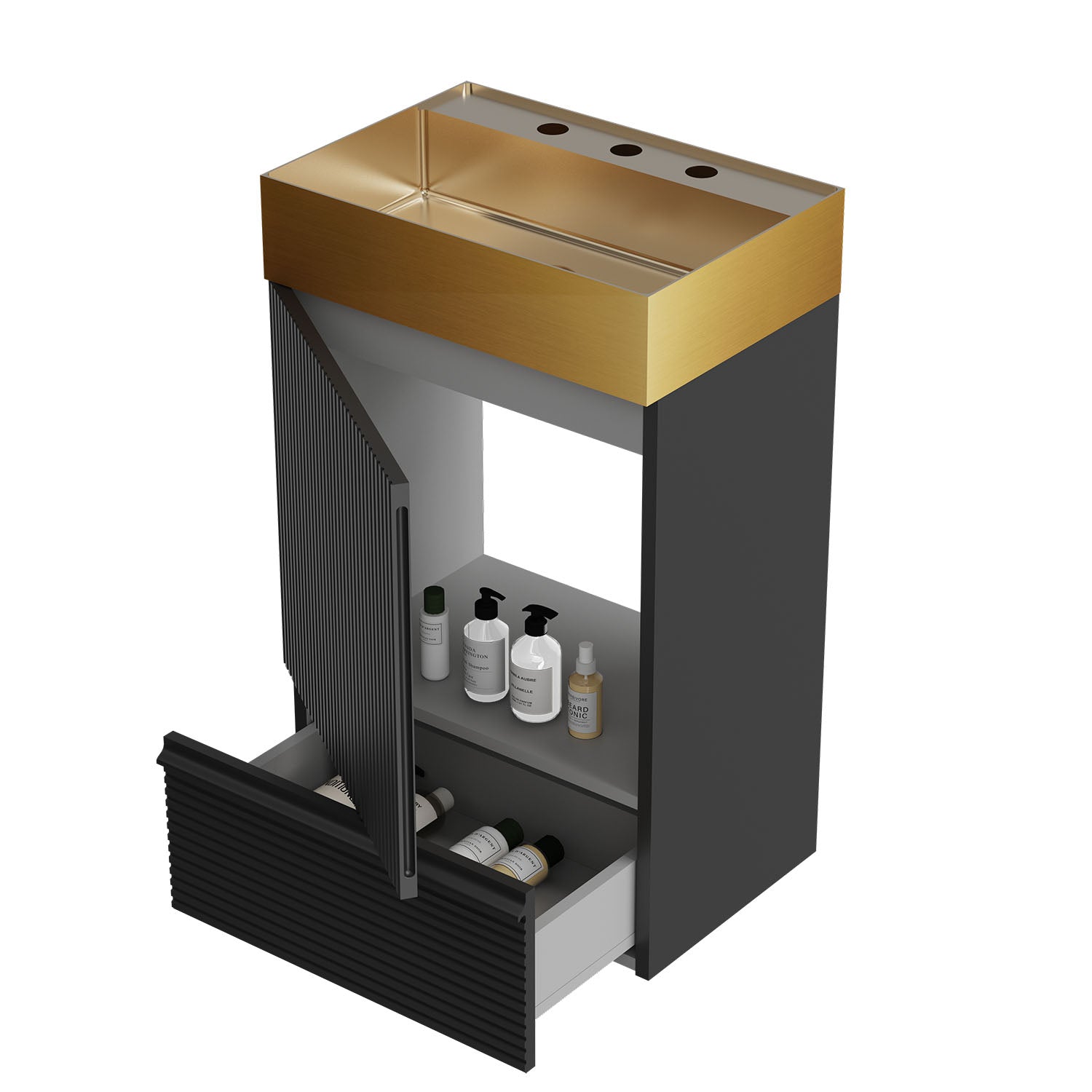 Modern compact bathroom vanity with single door and drawer storage