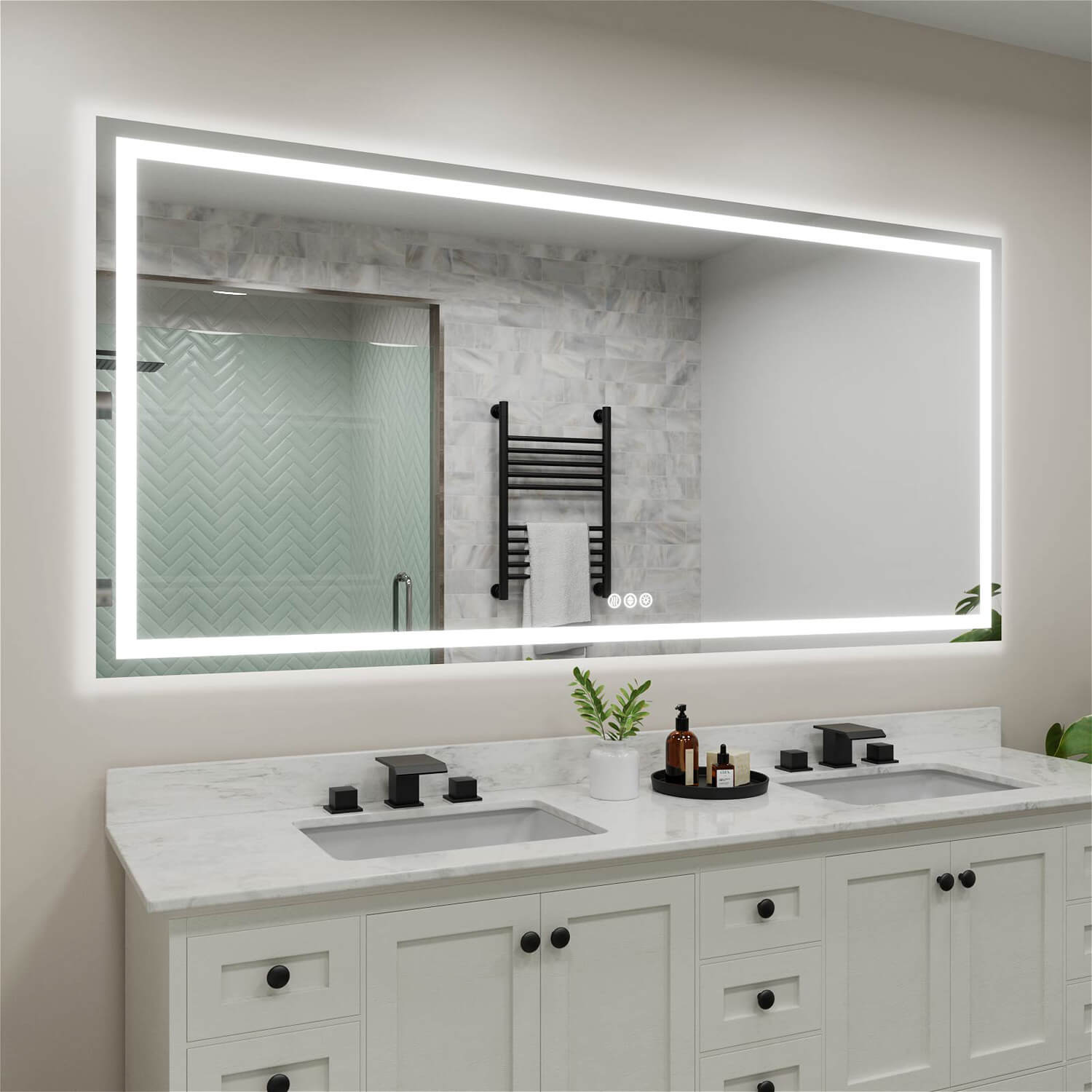 Modern frameless LED bathroom mirror with tempered glass and built-in touch controls at the bottom right