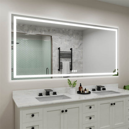 Modern frameless LED bathroom mirror with tempered glass and built-in touch controls at the bottom right