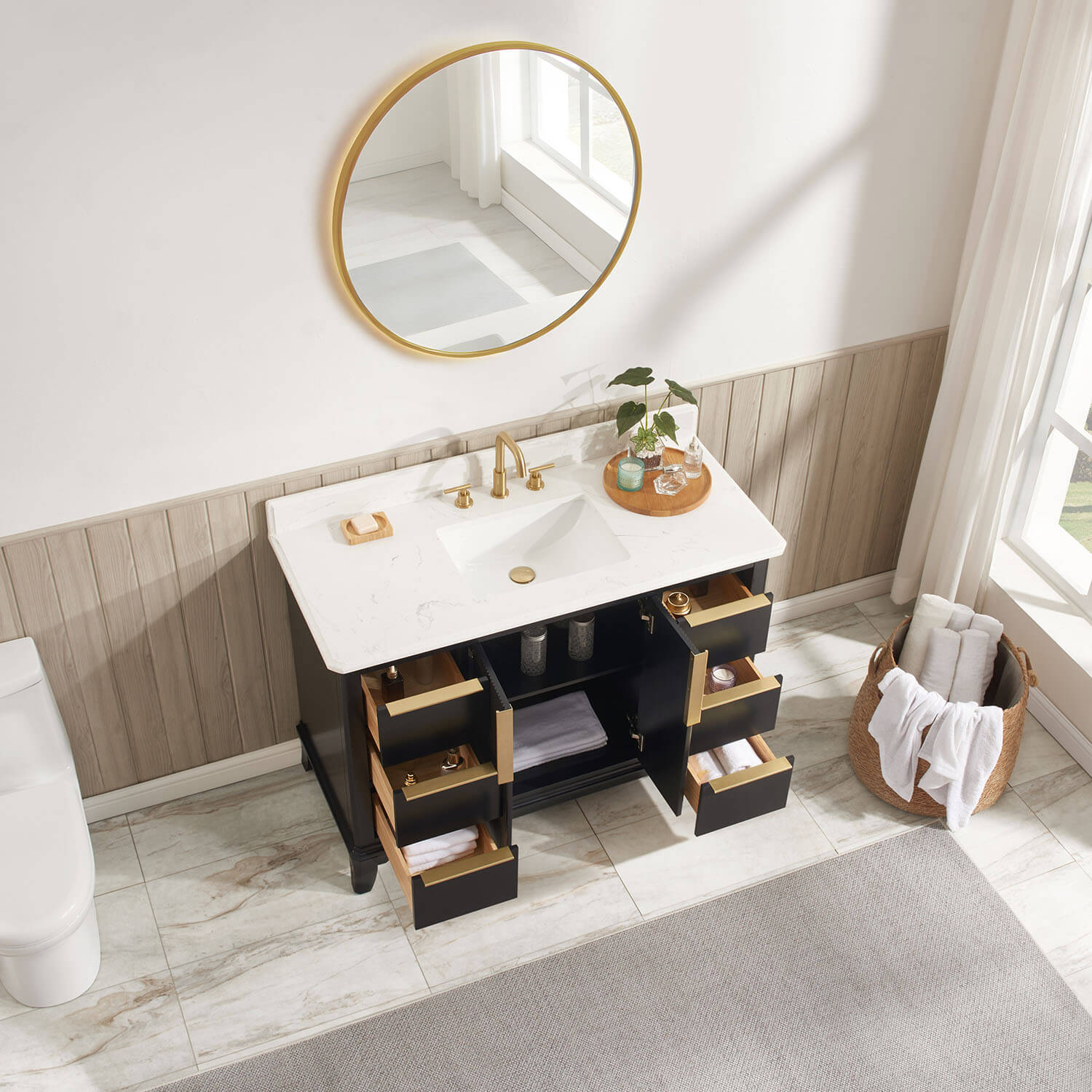 Modern freestanding bathroom vanity with Carrara White engineered stone countertop