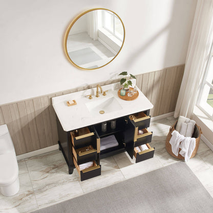 Modern freestanding bathroom vanity with Carrara White engineered stone countertop