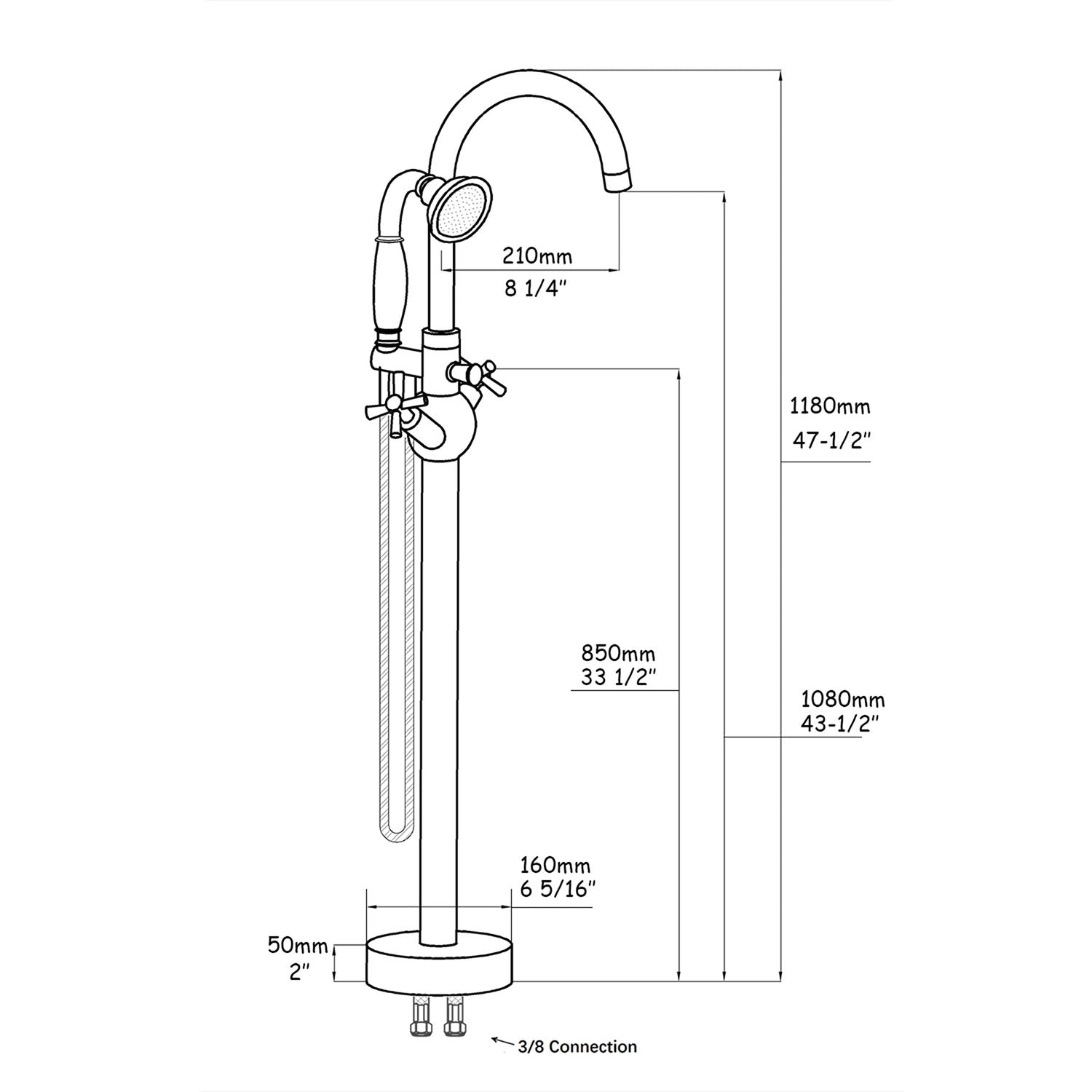 Modern freestanding bathtub faucet with brushed nickel finish dimension