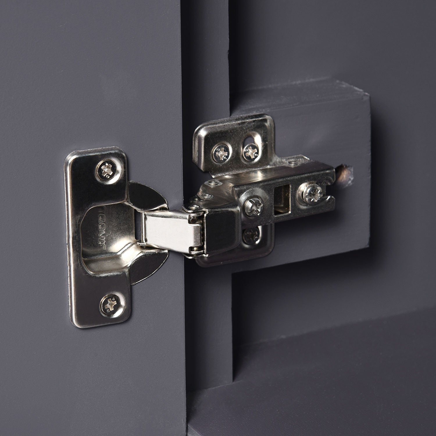 Modern freestanding vanity featuring soft-closing door hinges
