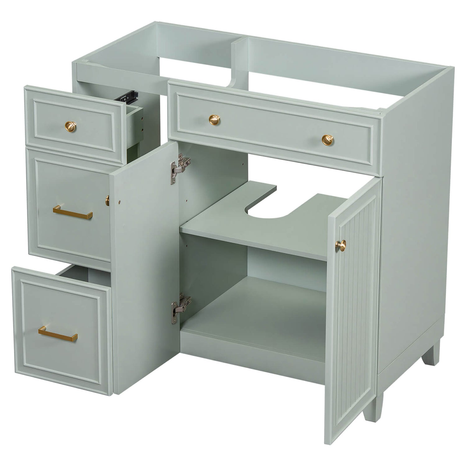 Modern gray-green bathroom vanity in a serene minimalist setting