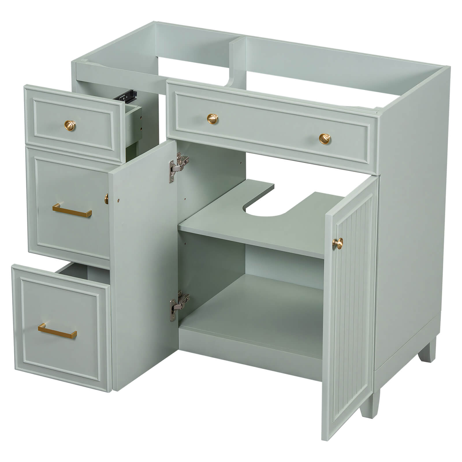 Modern gray-green bathroom vanity in a serene minimalist setting