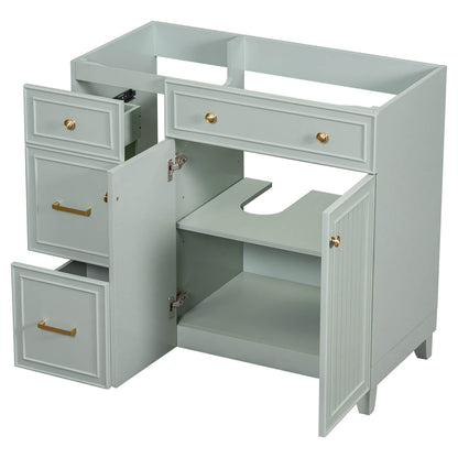 Modern gray-green bathroom vanity in a serene minimalist setting