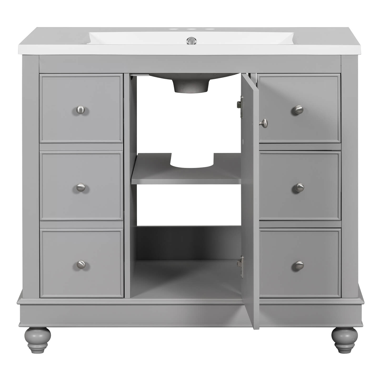 Modern gray bathroom vanity with soft-close technology and versatile storage