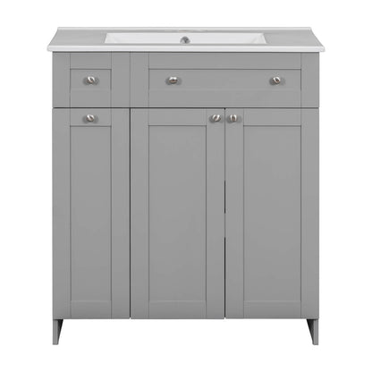 Modern gray vanity with two doors and one soft-close drawer