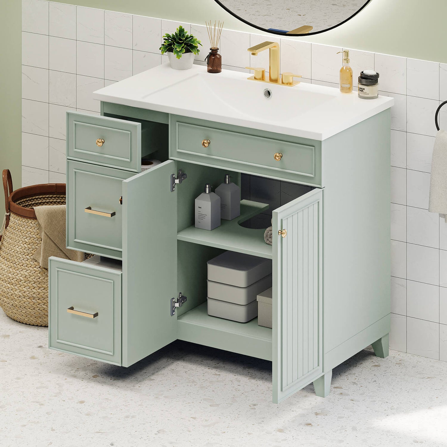 Modern minimalist bathroom with grey-green vanity