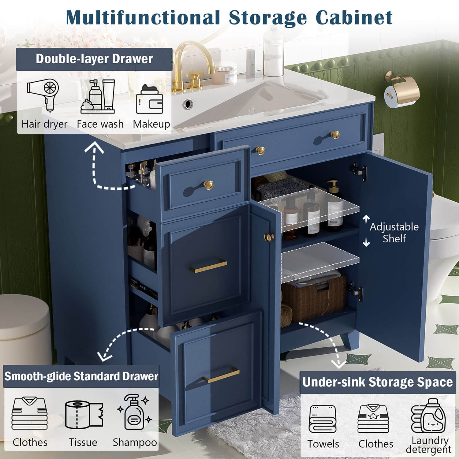Modern multifunctional storage cabinet vanity with shelves and drawers