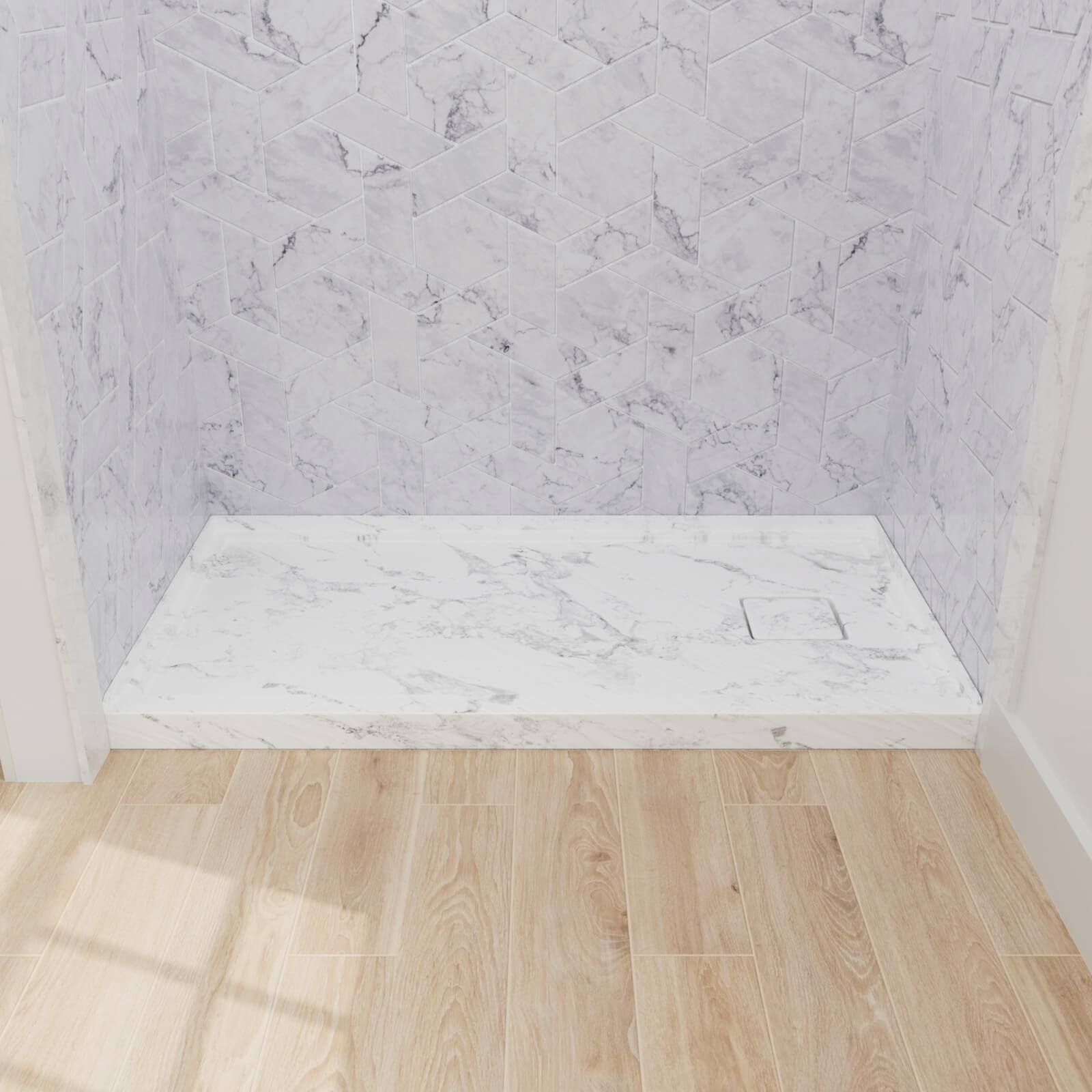 Modern shower base featuring marble style pattern and efficient drainage design
