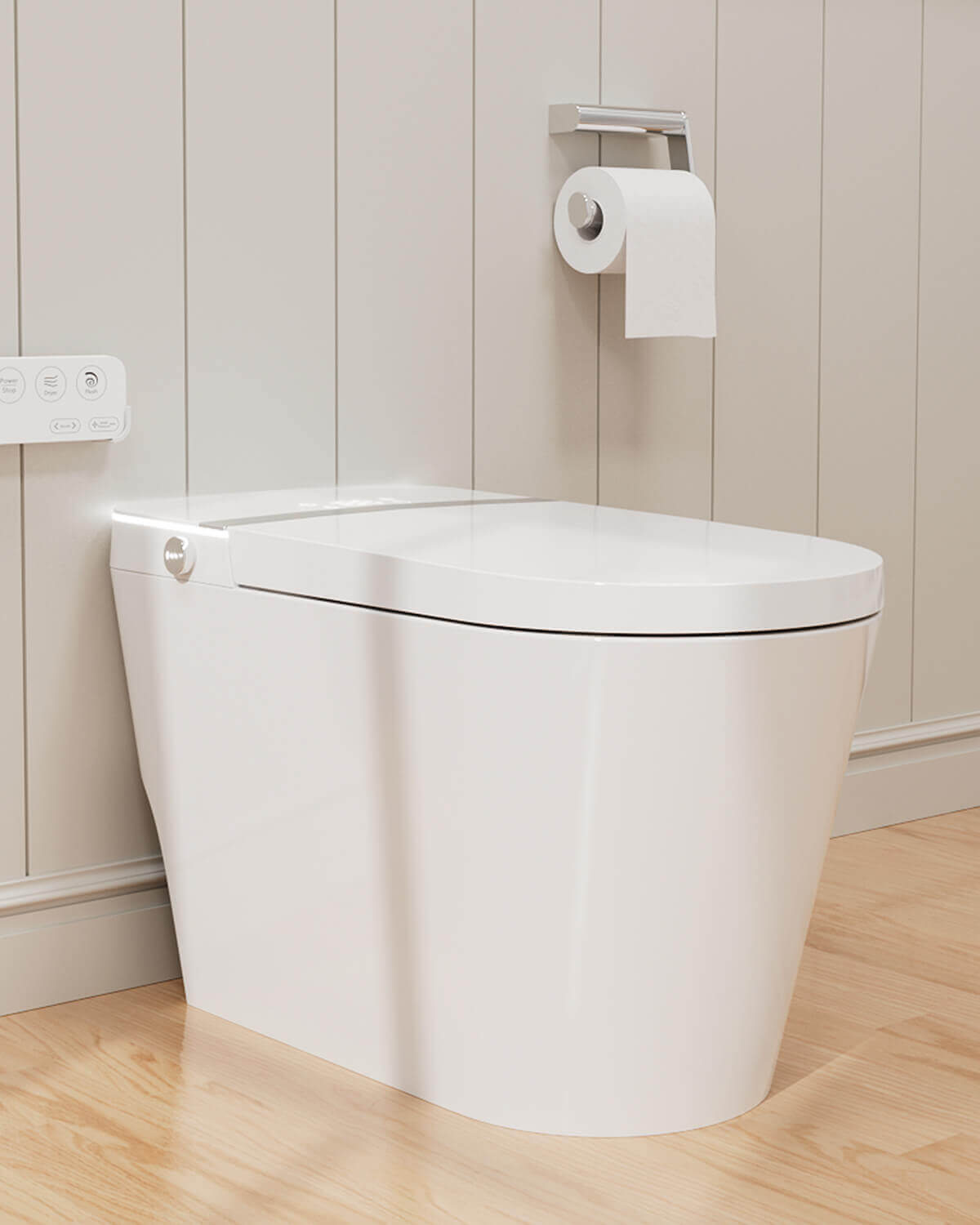Modern style white smart toilet with LED light at the end