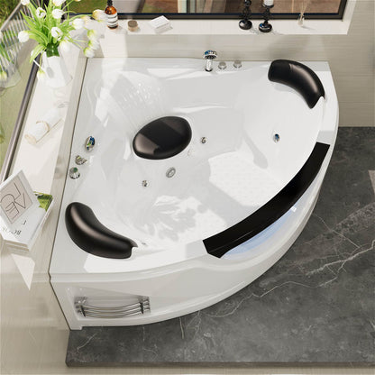 Modern white acrylic corner whirlpool tub with black accents and LED lighting
