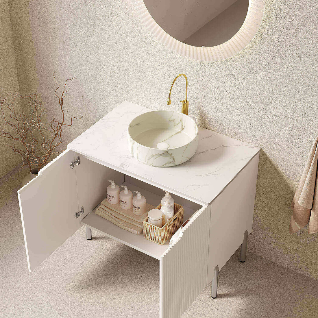 Modern white bathroom vanity with storage cabinet