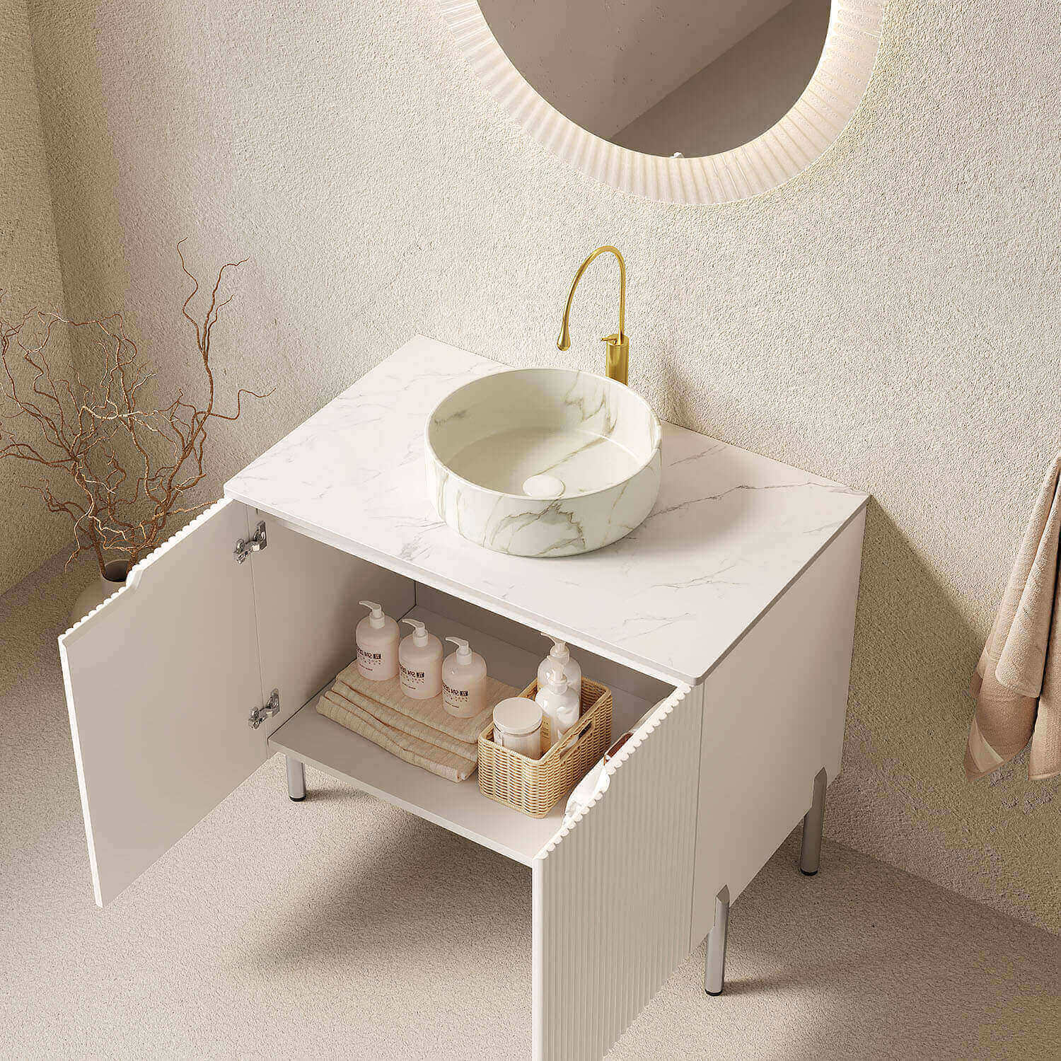 Modern white bathroom vanity with storage cabinet