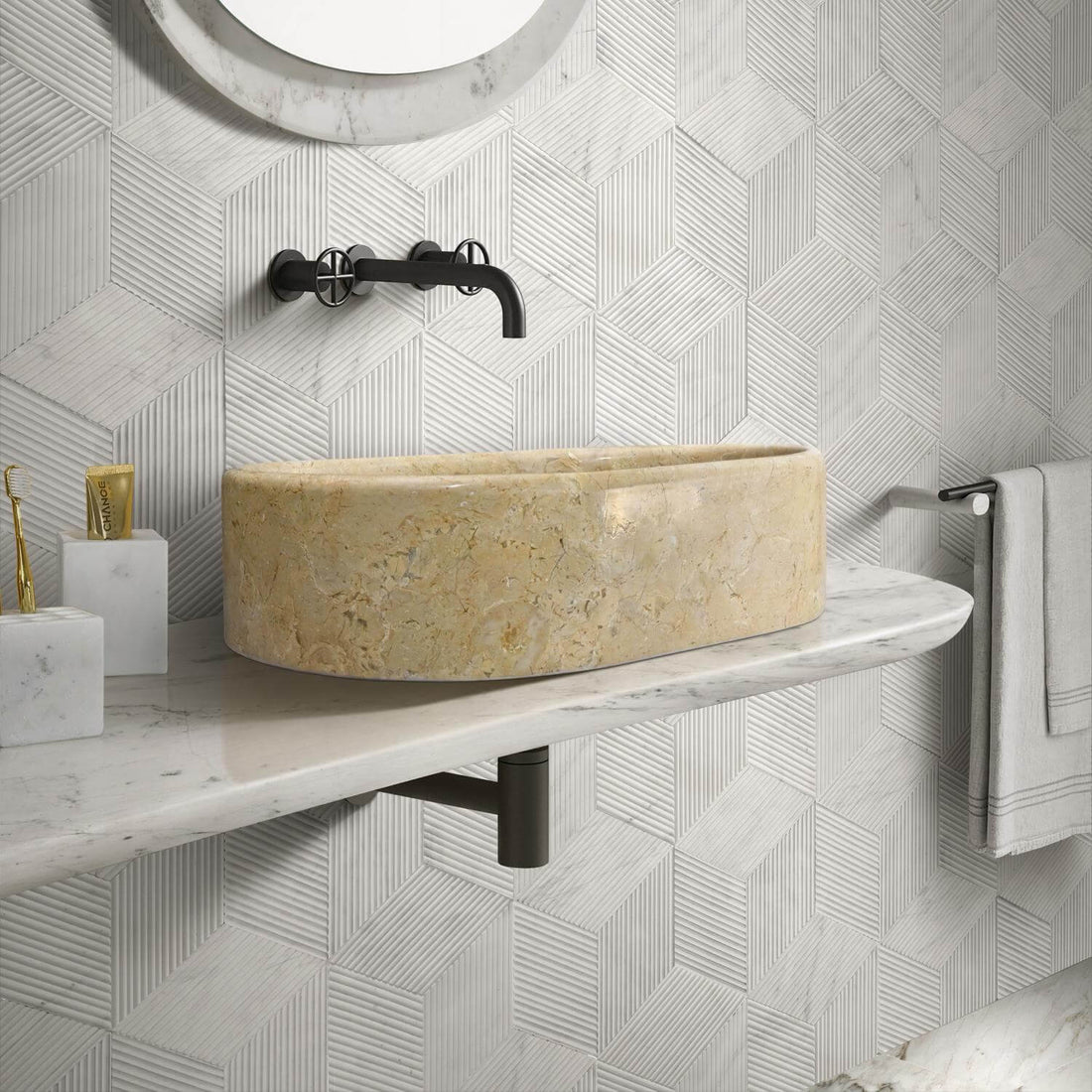 Beige Natural Marble Oval Bathroom Vessel Sink for Vanity Countertop