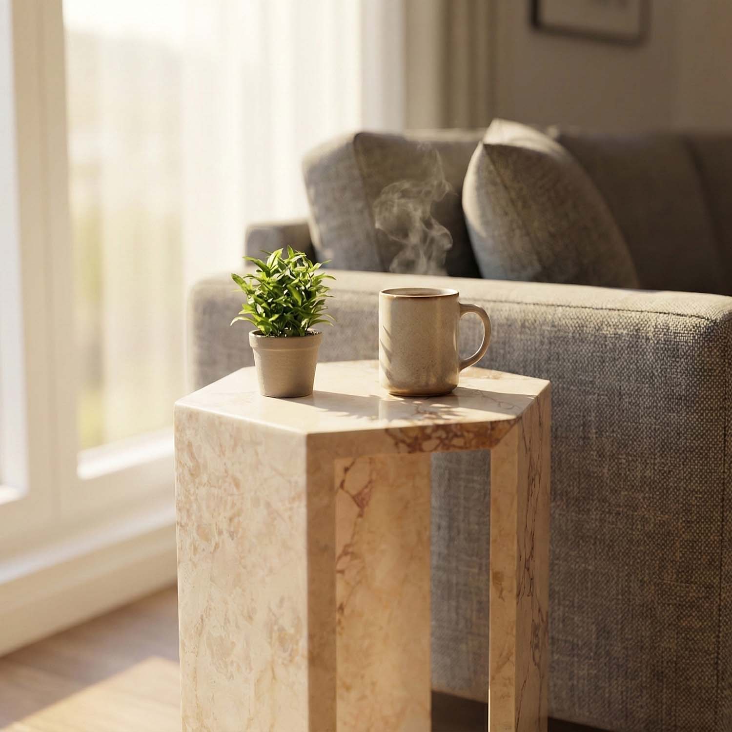 Luxury Real Marble Pink Side Table Hexagon Shape End Table for Living Room, Bedroom &amp; Small Spaces