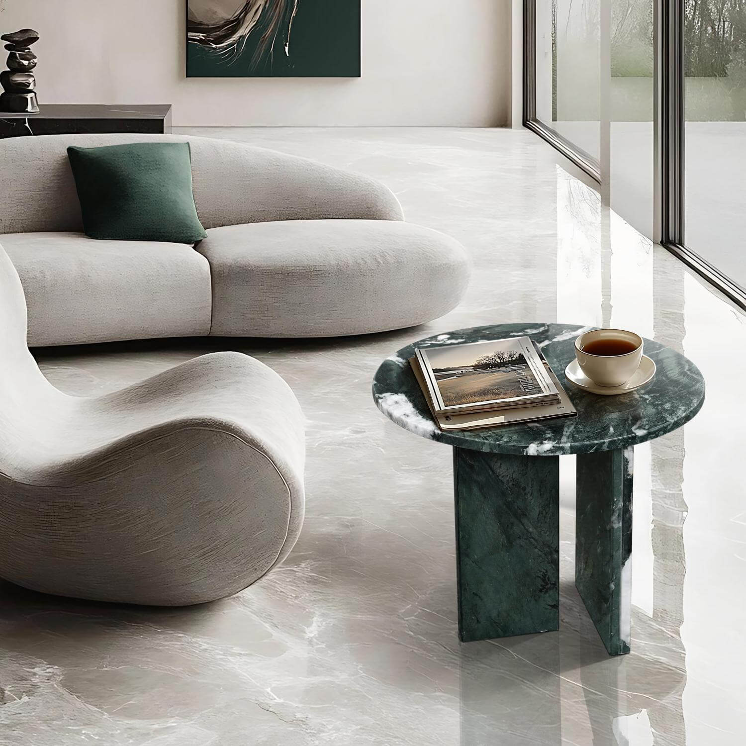 18" Modern Round Green Natural Marble Side Table for Bathroom and Livingroom