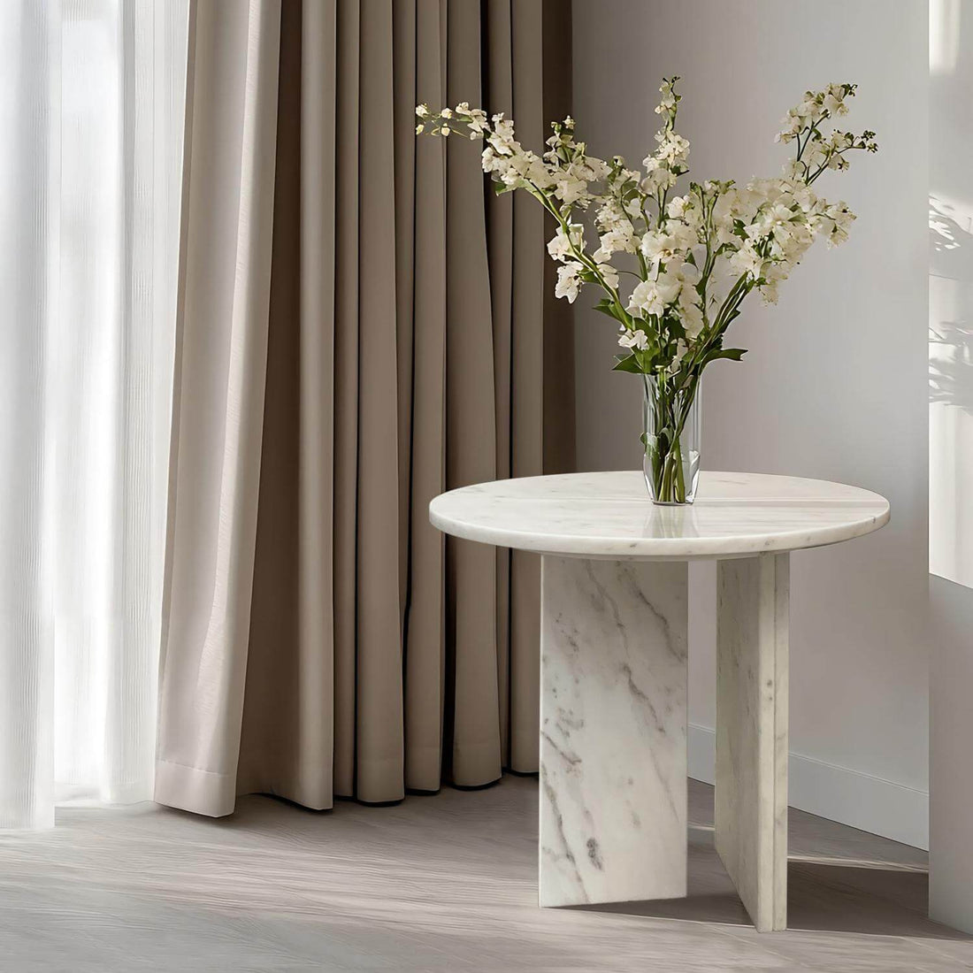 18" Modern Round White Natural Marble Side Table for Bathroom and Livingroom