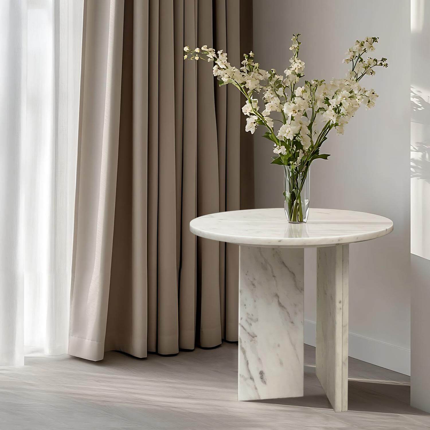 18" Modern Round White Natural Marble Side Table for Bathroom and Livingroom