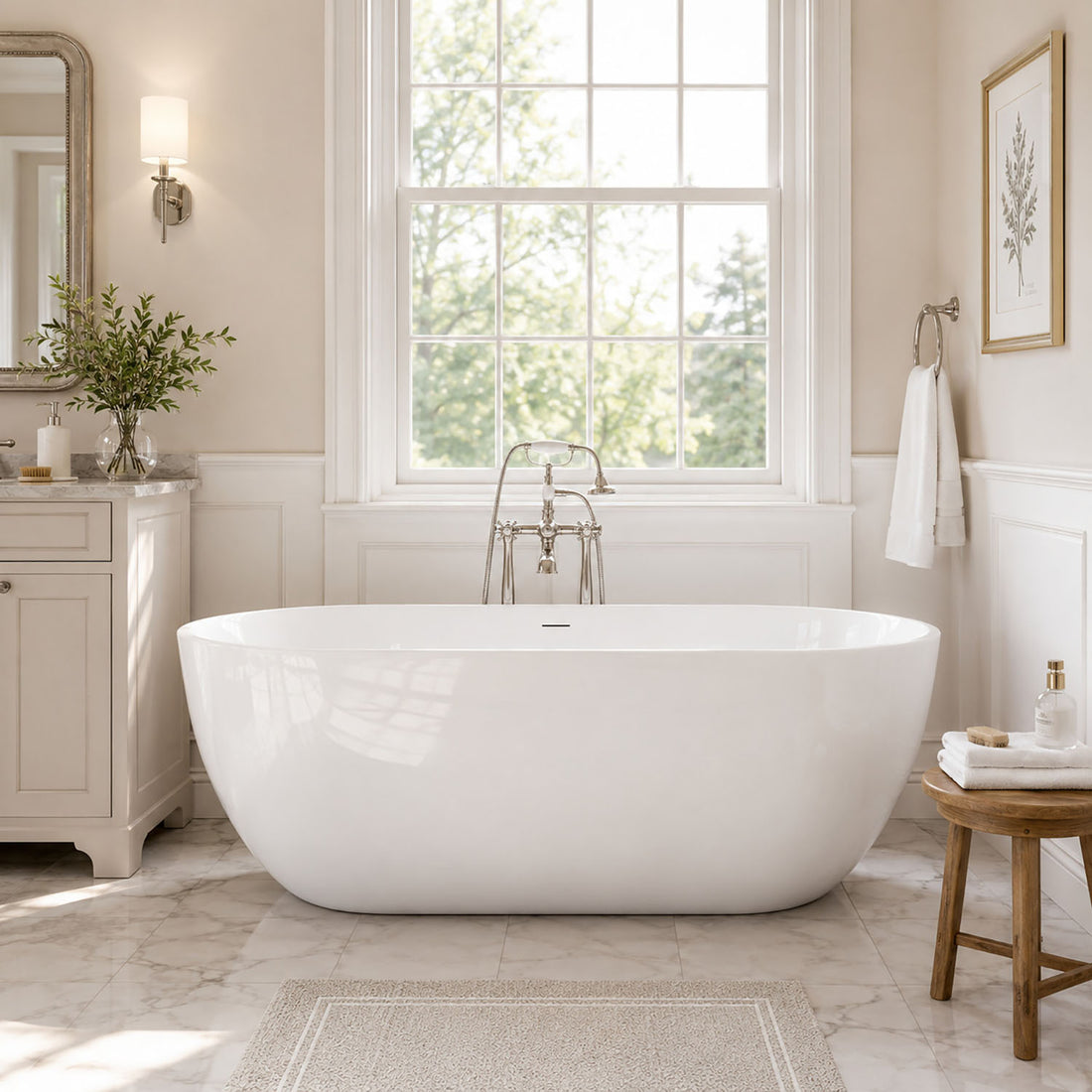 Mokleba 59 inch White Acrylic Oval Freestanding Soaking Bathtub