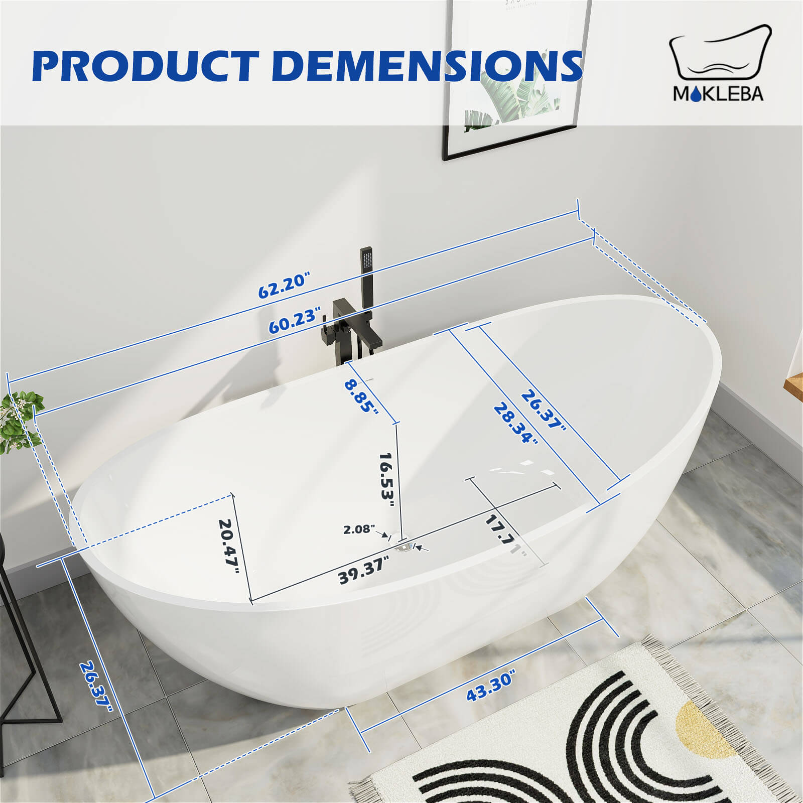 Mokleba 62 inch Acrylic Double Slipper Bathtub Size