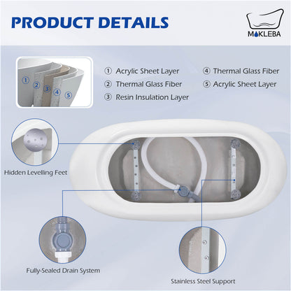 Mokleba 62 inch Acrylic Double Slipper Bathtub with Balancing Foot