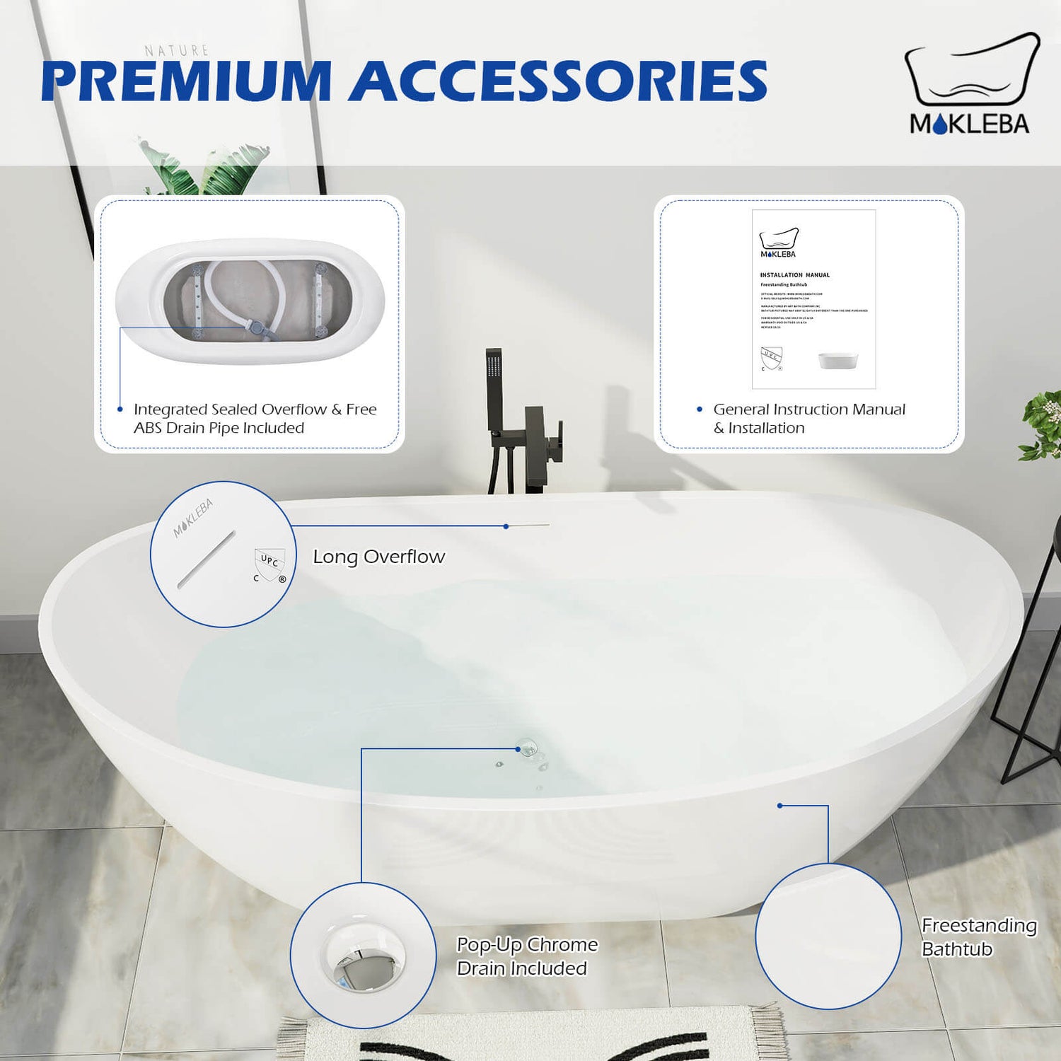 Mokleba 62 inch Acrylic Double Slipper Bathtub with Pop-Up Drain
