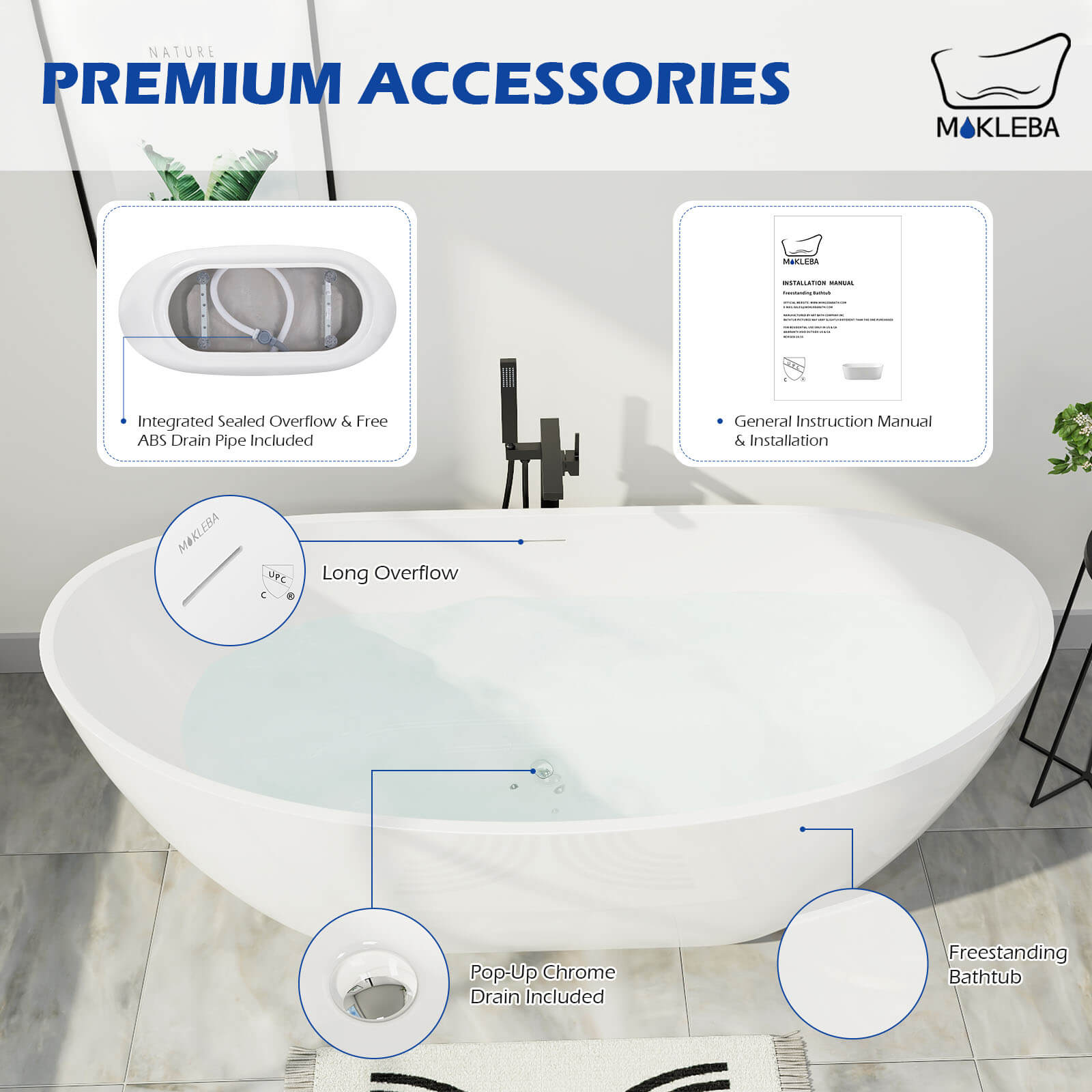 Mokleba 62 inch Acrylic Double Slipper Bathtub with Pop-Up Drain