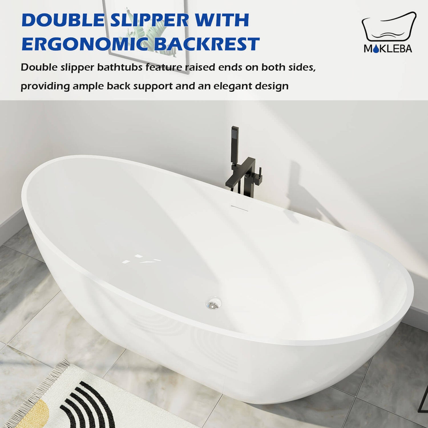 Mokleba 62 inch Acrylic Freestanding Soaking Double Slipper Tub