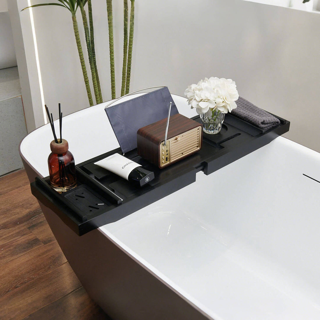 Mokleba Black Bamboo Bathtub Caddy Tray with Soap Tray, Tablet Holder