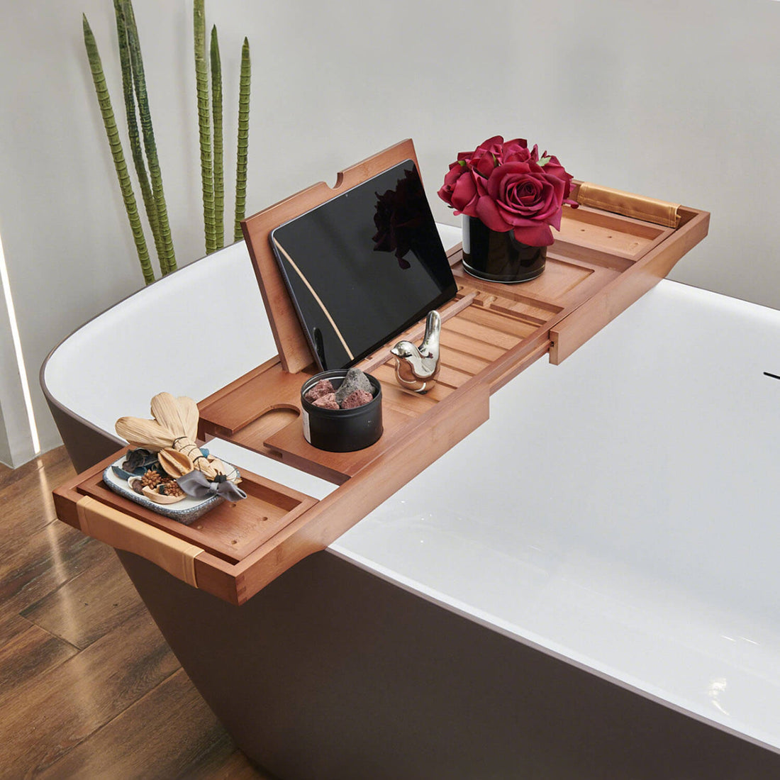 Mokleba Light Walnut Bamboo Bathtub Caddy Tray with Leather Handles