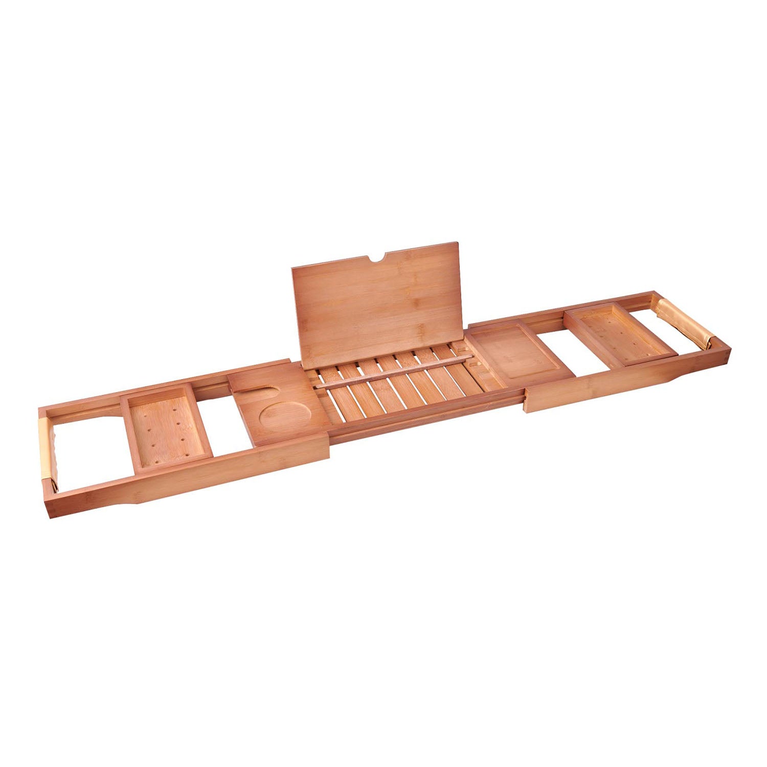 Mokleba Light Walnut Bamboo Bathtub Caddy Tray with Leather Handles