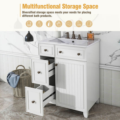 Multifunctional storage diagram of a 24 inch small white bathroom vanity with 2 drawers